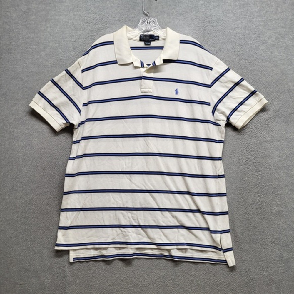 VINTAGE Polo Ralph Lauren Men Polo‎ Shirt 2XL White Striped Rugby Classic Logo